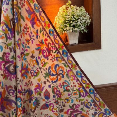 Cream Pure Pashmina Kani Shawl – 2.5 Meter Kashmiri Floral Heritage Wrap