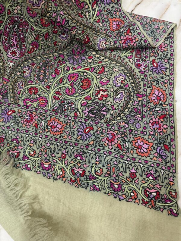 Light Green Pure Pashmina Shawl with Handcrafted Multicolour Papier Mâché Embroidery - Image 6