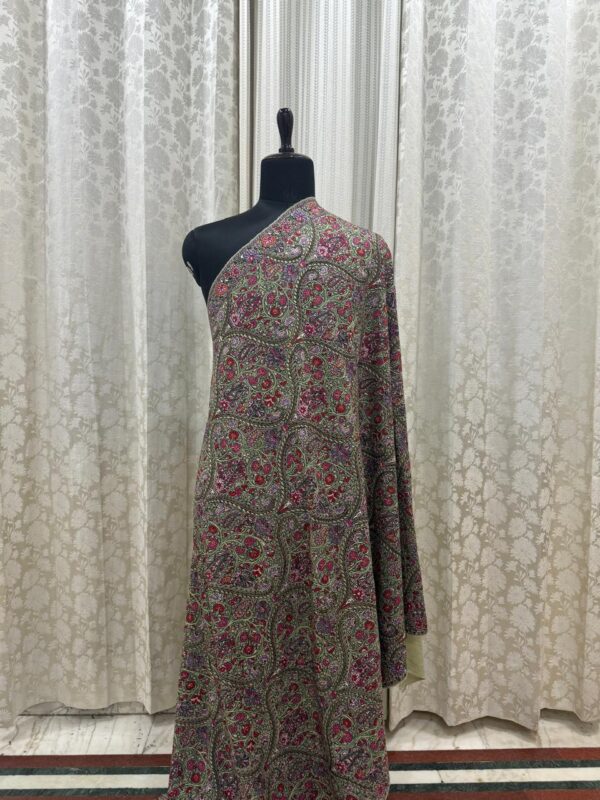 Light Green Pure Pashmina Shawl with Handcrafted Multicolour Papier Mâché Embroidery - Image 2