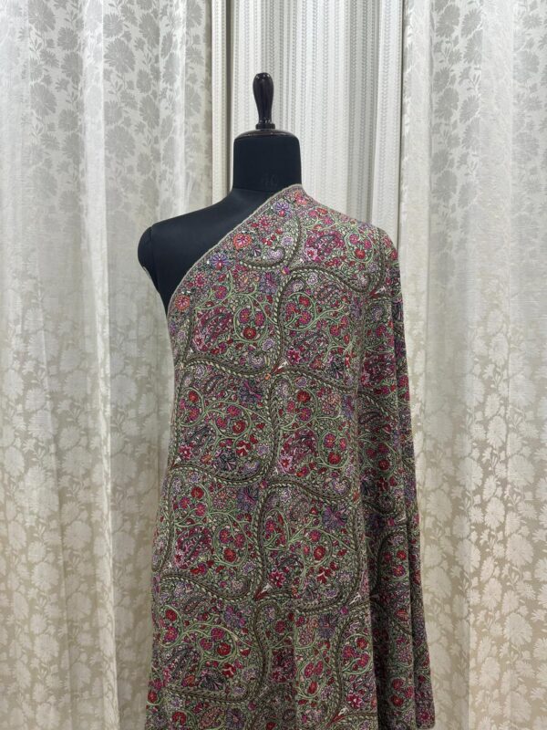 Light Green Pure Pashmina Shawl with Handcrafted Multicolour Papier Mâché Embroidery - Image 3