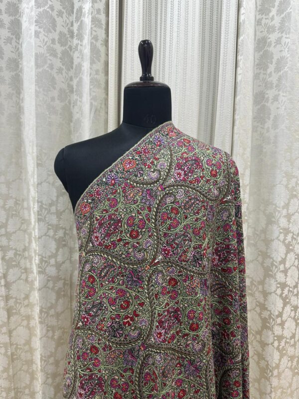 Light Green Pure Pashmina Shawl with Handcrafted Multicolour Papier Mâché Embroidery - Image 4