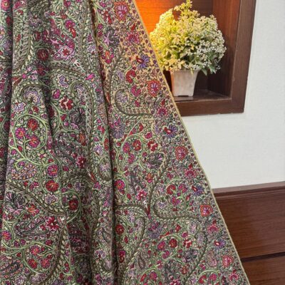 Light Green Pure Pashmina Shawl with Handcrafted Multicolour Papier Mâché Embroidery