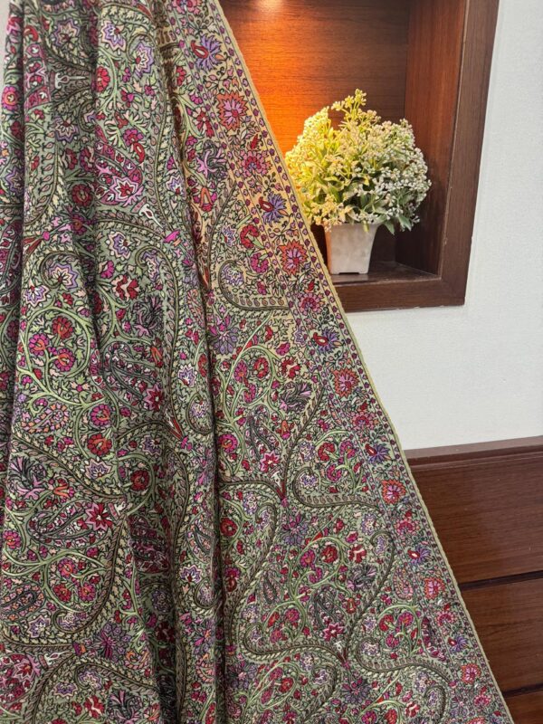 Light Green Pure Pashmina Shawl with Handcrafted Multicolour Papier Mâché Embroidery