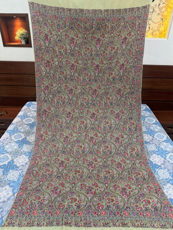 Light Green Pure Pashmina Shawl with Handcrafted Multicolour Papier Mâché Embroidery - Image 5