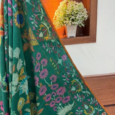 Handwoven Green Pure Pashmina Kani Shawl –  Kashmiri Shawl with Multicolor Floral Weave