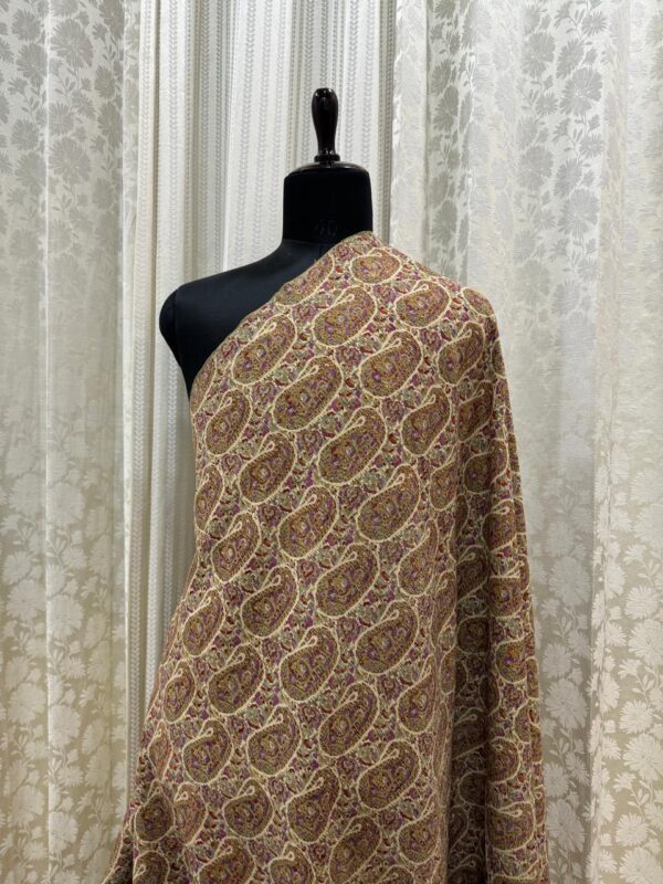 Antique 200-Year-Old Handwoven Kashmiri Kani Jamawar Shawl – Cream Base, Multicolor Pattern - Image 2