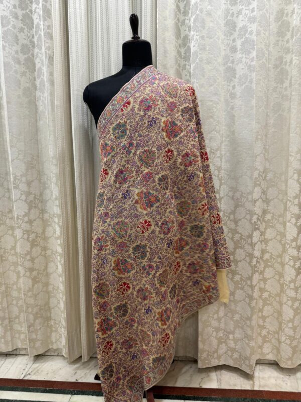 Light Yellow Papier Mâché Pure Pashmina Shawl | Handcrafted Floral Elegance - Image 4