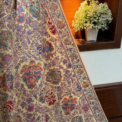 Light Yellow Papier Mâché Pure Pashmina Shawl | Handcrafted Floral Elegance