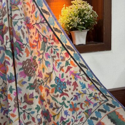 Garden Mist – Off-White Pure Pashmina Kani Shawl