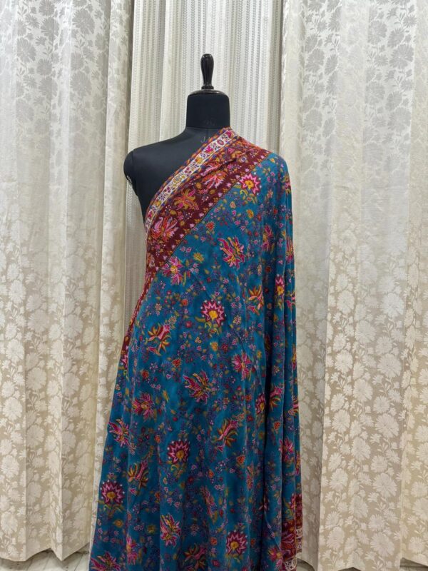 Men’s Pure Pashmina Shawl – Hand Embroidered Papier Mâché | Blue & Maroon Beauty - Image 3