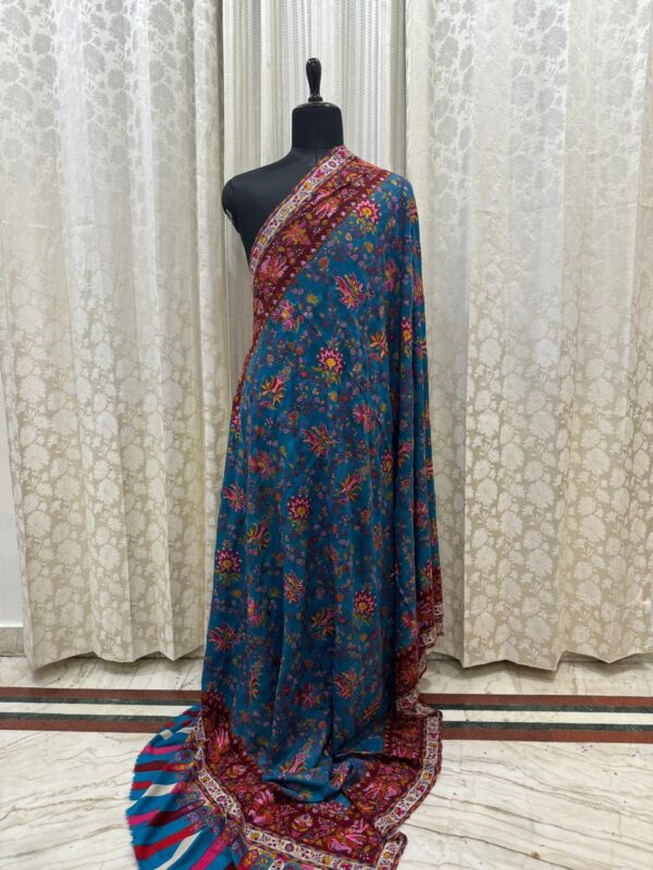 Men’s Pure Pashmina Shawl – Hand Embroidered Papier Mâché | Blue & Maroon Beauty - Image 4