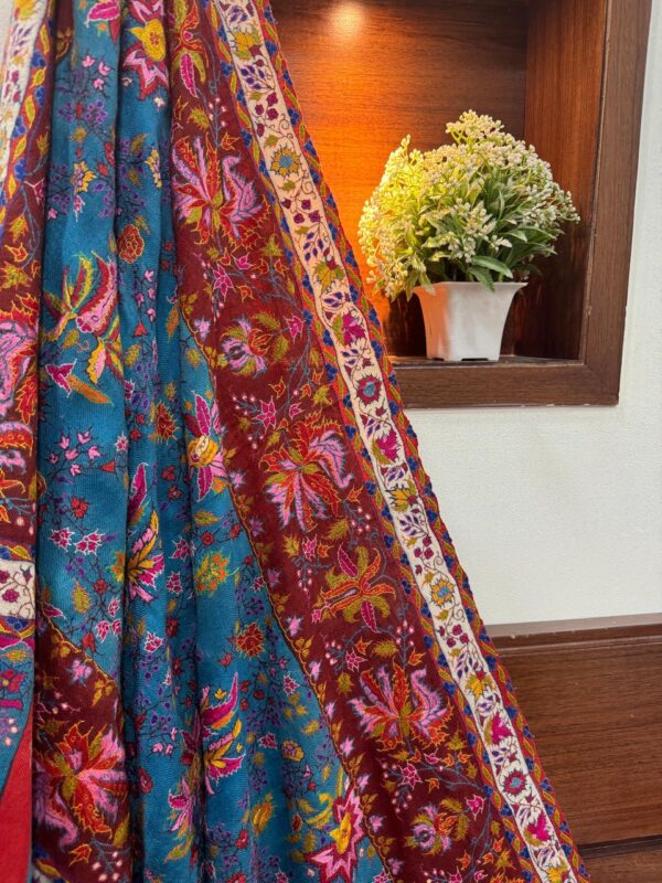 Men’s Pure Pashmina Shawl – Hand Embroidered Papier Mâché | Blue & Maroon Beauty