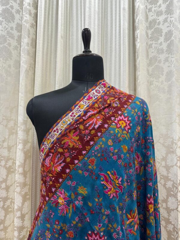 Men’s Pure Pashmina Shawl – Hand Embroidered Papier Mâché | Blue & Maroon Beauty - Image 2