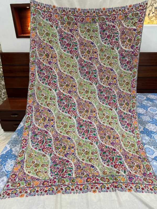 Elegant Cream Papier Mâché Pashmina Shawl | Handwoven Pure Wool | Multicolour Floral Embroidery | Soft, Lightweight & Warm | - Image 6