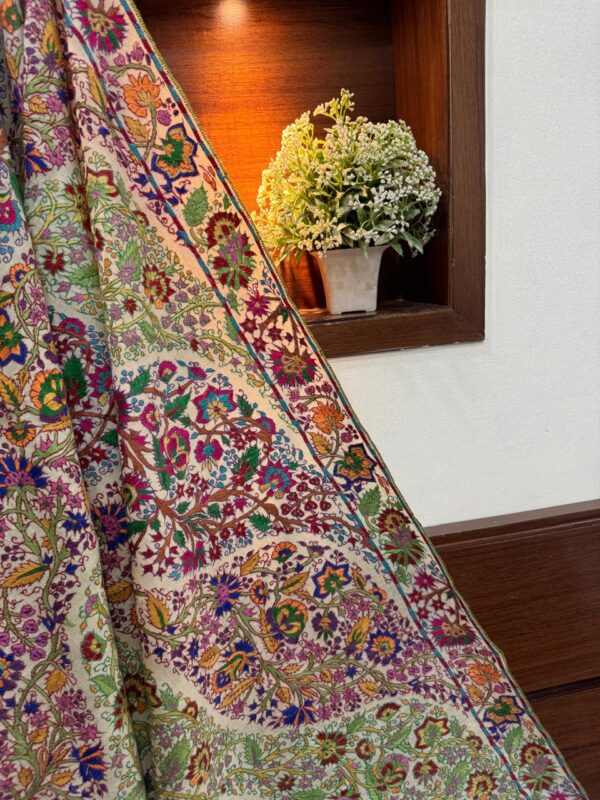 Elegant Cream Papier Mâché Pashmina Shawl | Handwoven Pure Wool | Multicolour Floral Embroidery | Soft, Lightweight & Warm |