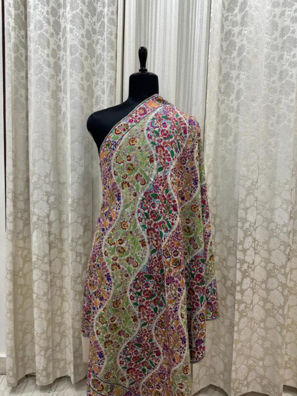 Elegant Cream Papier Mâché Pashmina Shawl | Handwoven Pure Wool | Multicolour Floral Embroidery | Soft, Lightweight & Warm | - Image 4