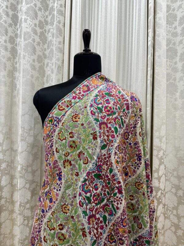 Elegant Cream Papier Mâché Pashmina Shawl | Handwoven Pure Wool | Multicolour Floral Embroidery | Soft, Lightweight & Warm | - Image 2