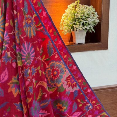 Red Pure Pashmina Kani Shawl with Birds & Floral Design – Handwoven Kashmiri Elegance