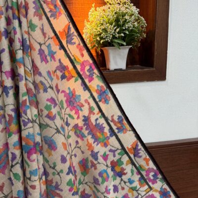 Handwoven Pure Pashmina Kani Shawl – Cream Colour Kashmiri Floral Wrap
