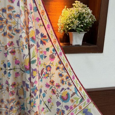 "Whispers of Spring – Cream Pure Pashmina Kani Shawl (Lady Size)"