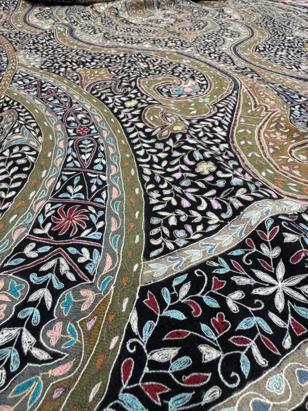 Black Base Kalamkari Pashmina Shawl with Multicoloured Floral Motifs - Image 2