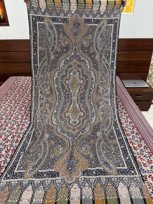 Black Base Kalamkari Pashmina Shawl with Multicoloured Floral Motifs - Image 3