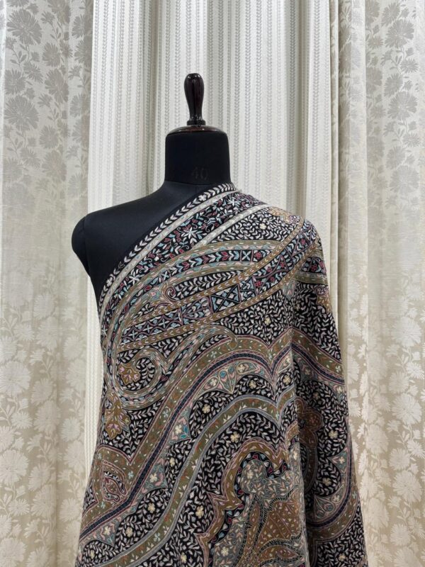 Black Base Kalamkari Pashmina Shawl with Multicoloured Floral Motifs - Image 5
