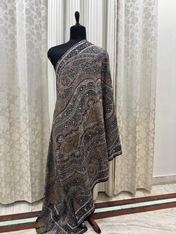 Black Base Kalamkari Pashmina Shawl with Multicoloured Floral Motifs - Image 7