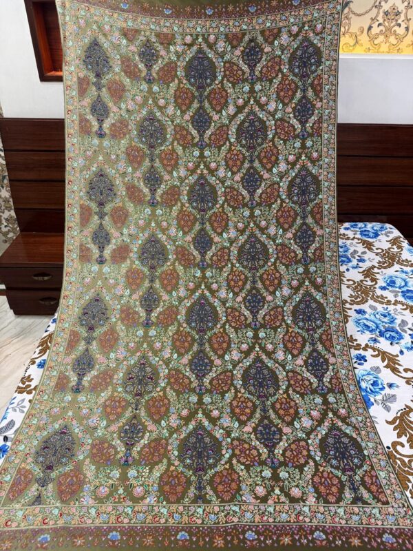 Hand Embroidered Light & Dark Green Shaded Pure Pashmina Shawl – Papier Mache Zari & Silk Work - Image 6