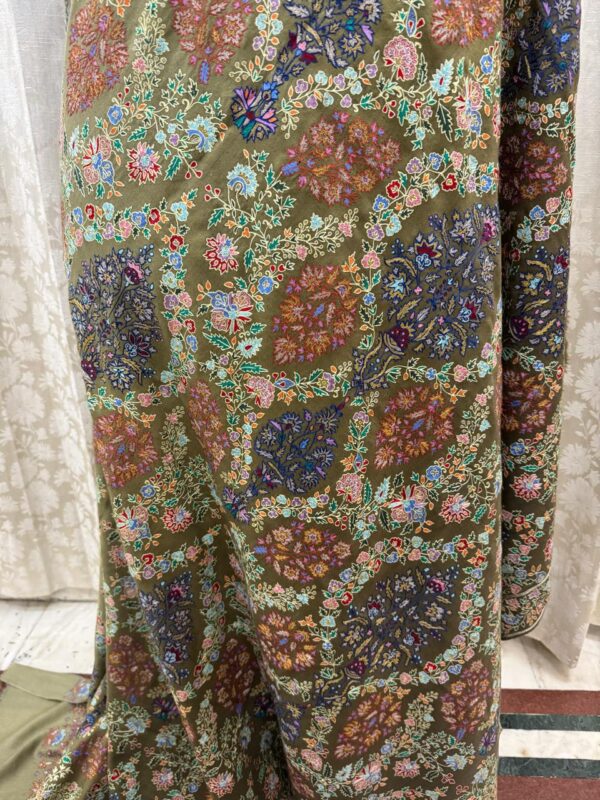 Hand Embroidered Light & Dark Green Shaded Pure Pashmina Shawl – Papier Mache Zari & Silk Work - Image 4
