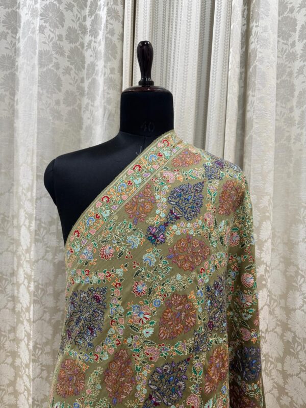 Hand Embroidered Light & Dark Green Shaded Pure Pashmina Shawl – Papier Mache Zari & Silk Work - Image 3
