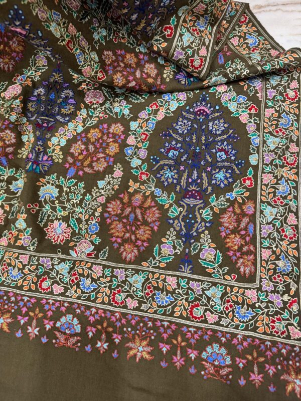 Hand Embroidered Light & Dark Green Shaded Pure Pashmina Shawl – Papier Mache Zari & Silk Work - Image 5