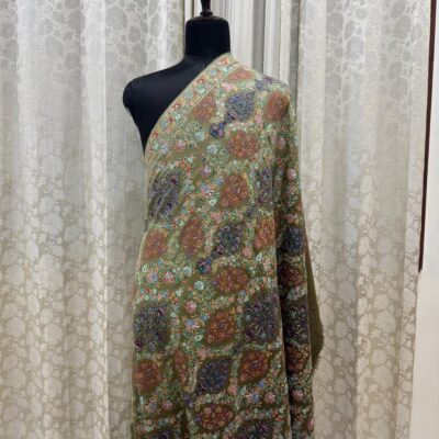 Hand Embroidered Light & Dark Green Shaded Pure Pashmina Shawl – Papier Mache Zari & Silk Work