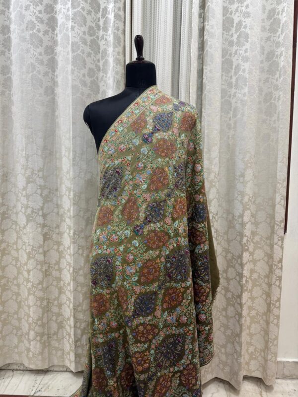 Hand Embroidered Light & Dark Green Shaded Pure Pashmina Shawl – Papier Mache Zari & Silk Work