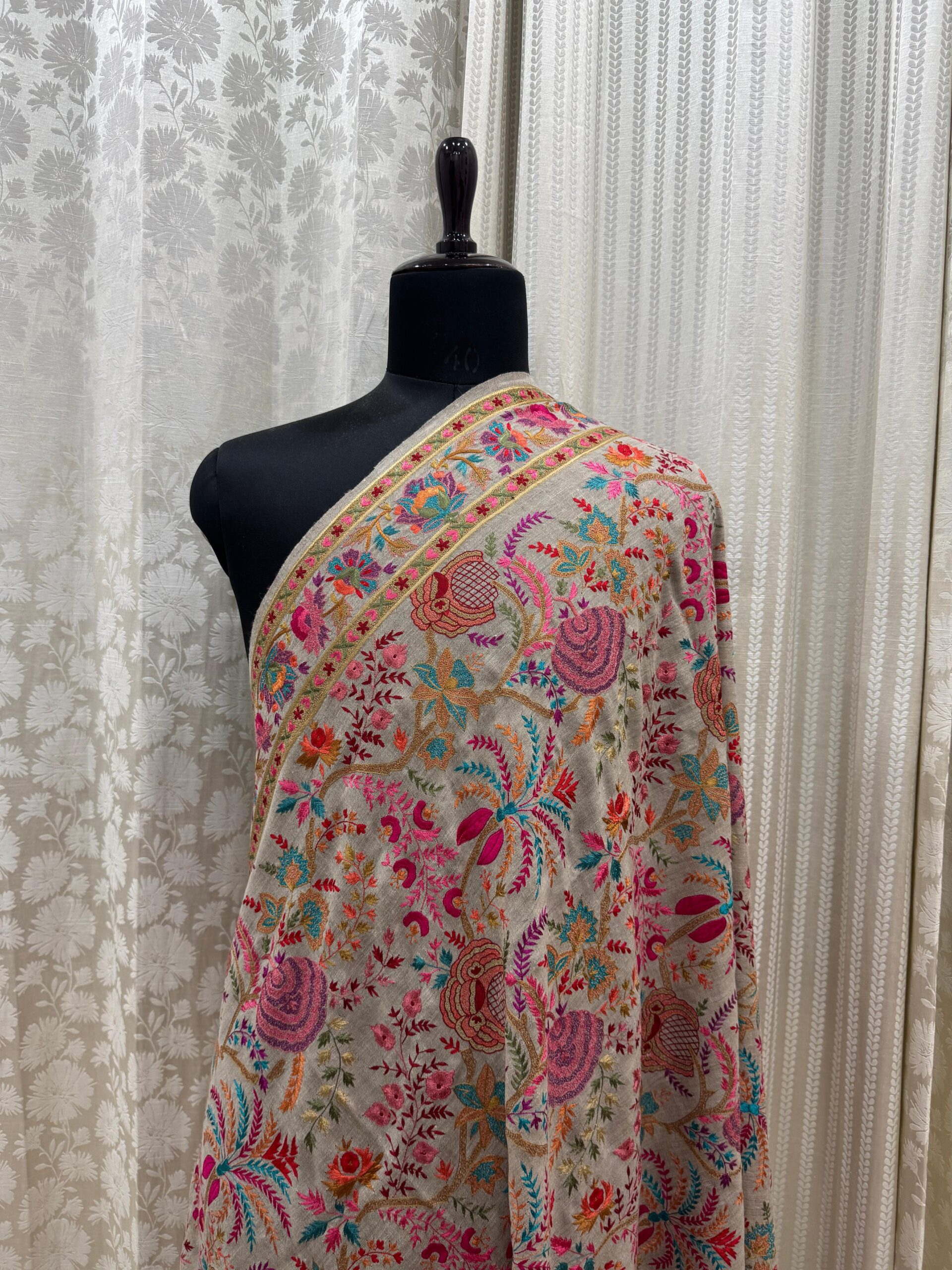 Light Grey Papier Mache Shawl with Multicolor Resham Floral Embroidery - Image 2