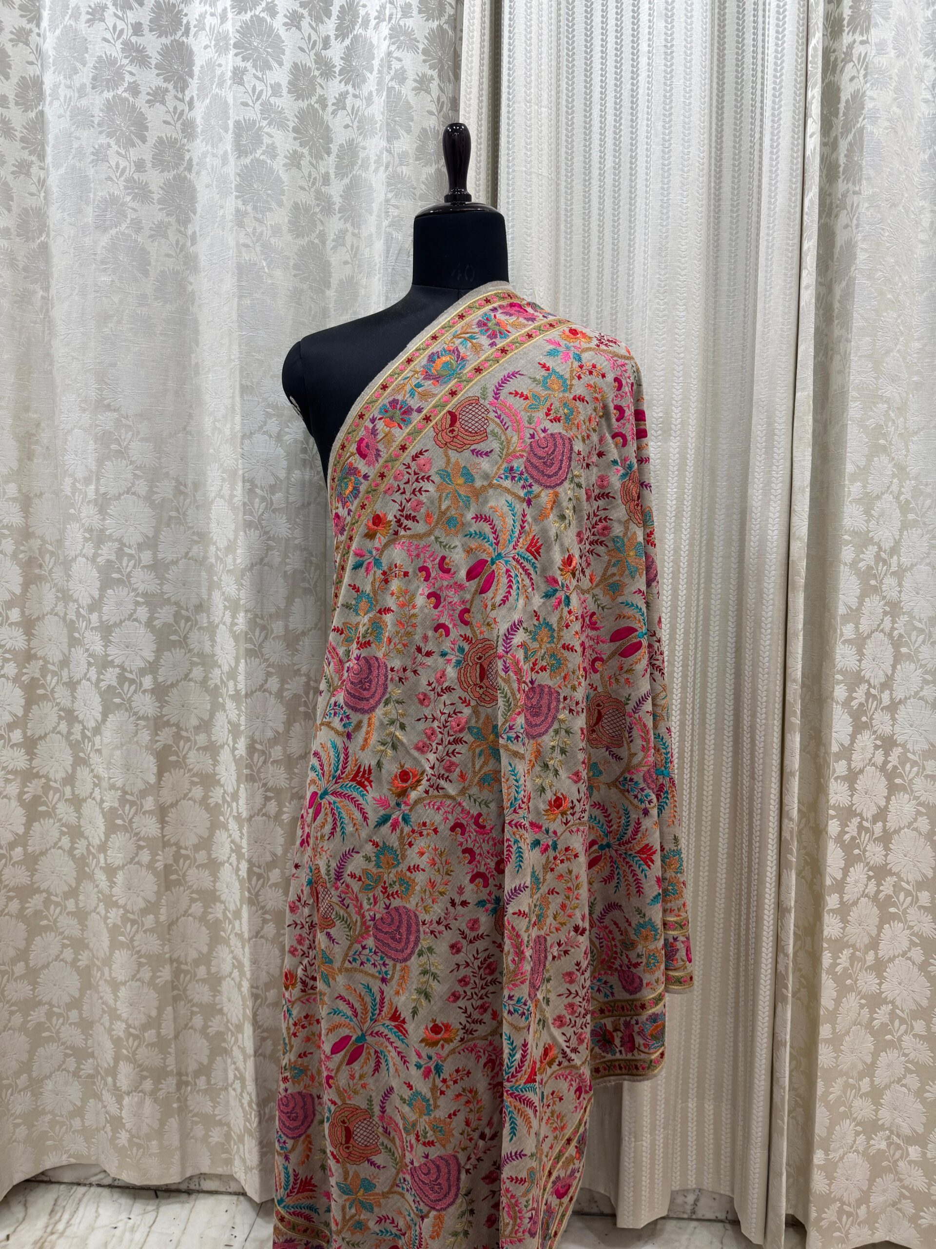 Light Grey Papier Mache Shawl with Multicolor Resham Floral Embroidery