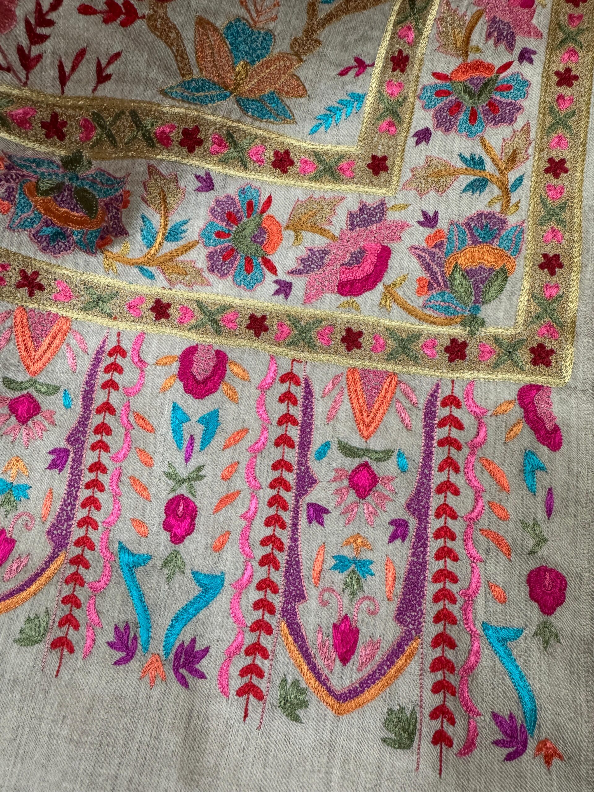 Light Grey Papier Mache Shawl with Multicolor Resham Floral Embroidery - Image 5