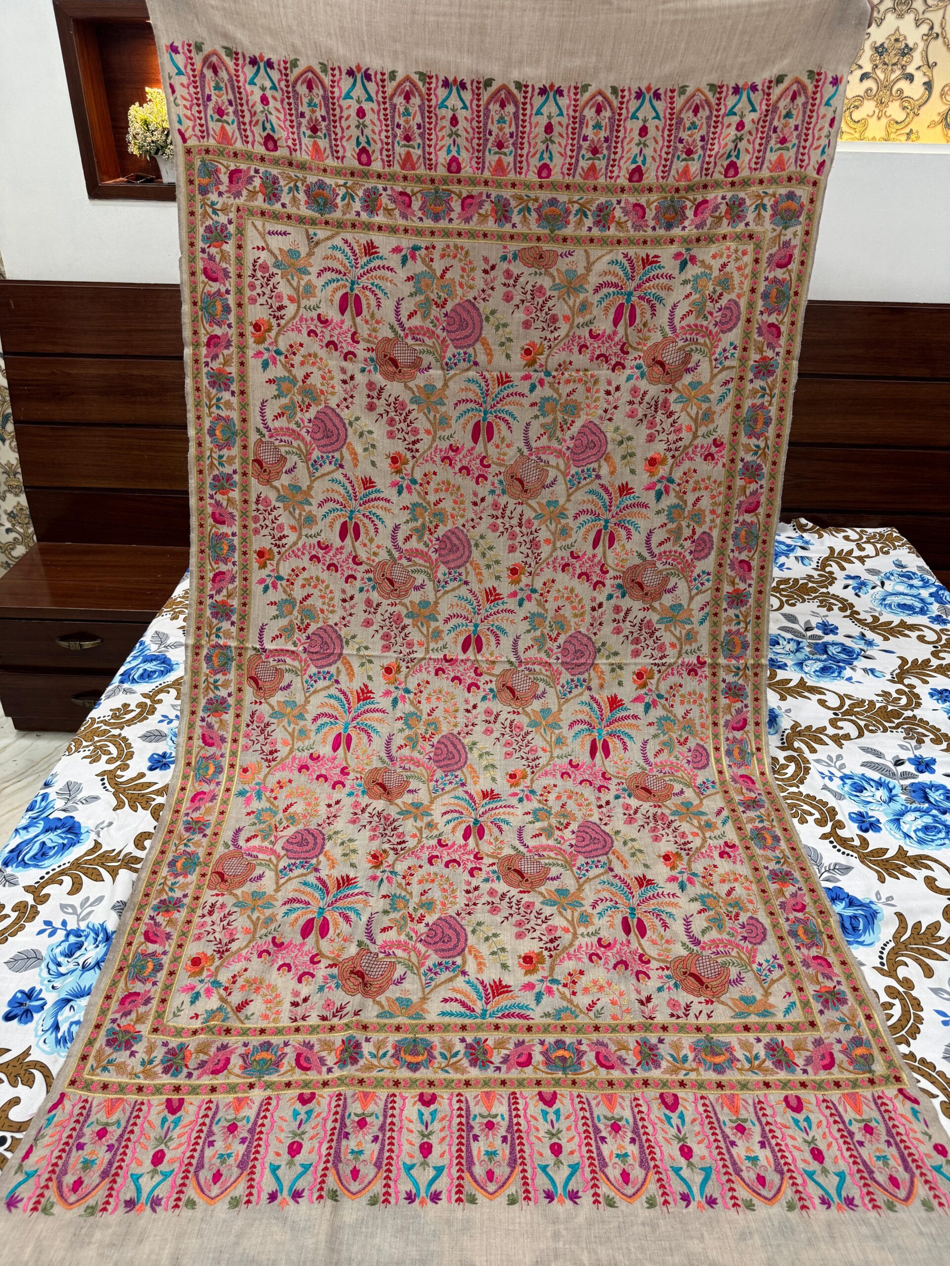 Light Grey Papier Mache Shawl with Multicolor Resham Floral Embroidery - Image 4