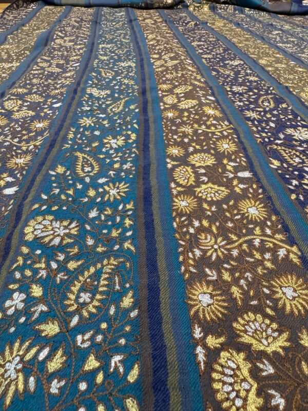 Blue Striped Pashmina Shawl with Zari Embroidery & Floral Design – Handcrafted Elegance - Image 6