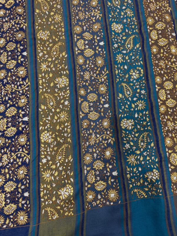 Blue Striped Pashmina Shawl with Zari Embroidery & Floral Design – Handcrafted Elegance - Image 5