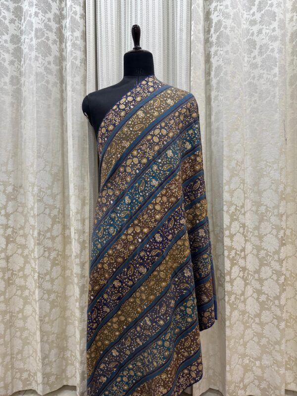 Blue Striped Pashmina Shawl with Zari Embroidery & Floral Design – Handcrafted Elegance - Image 3