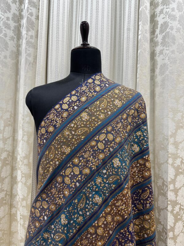 Blue Striped Pashmina Shawl with Zari Embroidery & Floral Design – Handcrafted Elegance - Image 2