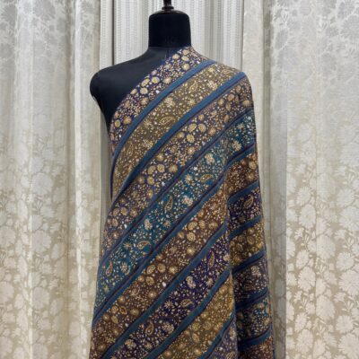 Blue Striped Pashmina Shawl with Zari Embroidery & Floral Design – Handcrafted Elegance