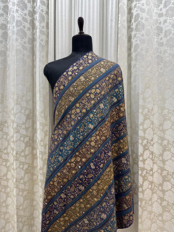 Blue Striped Pashmina Shawl with Zari Embroidery & Floral Design – Handcrafted Elegance