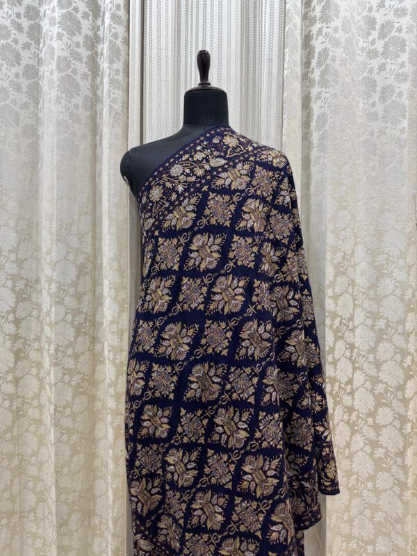 Festive Pashmina Shawl – Blue Base with Zari Floral Embroidery - Image 2