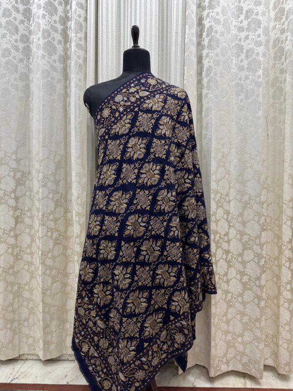 Festive Pashmina Shawl – Blue Base with Zari Floral Embroidery - Image 3