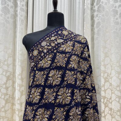 Festive Pashmina Shawl – Blue Base with Zari Floral Embroidery
