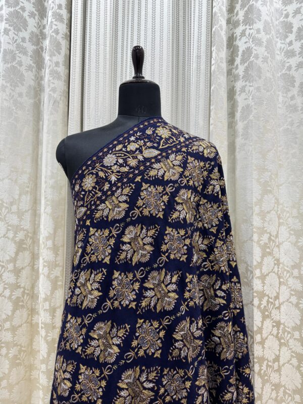 Festive Pashmina Shawl – Blue Base with Zari Floral Embroidery