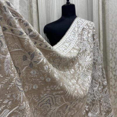 Off-White Papier Mâché Shawl with Grey and Ivory Floral Embroidery
