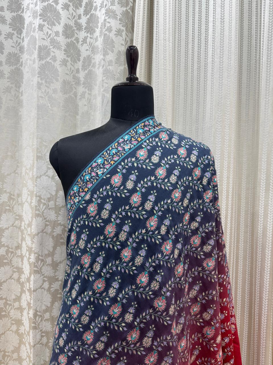 Grey and Red Shaded Papier Mache Shawl with Multicolour Resham Embroidery - Image 2